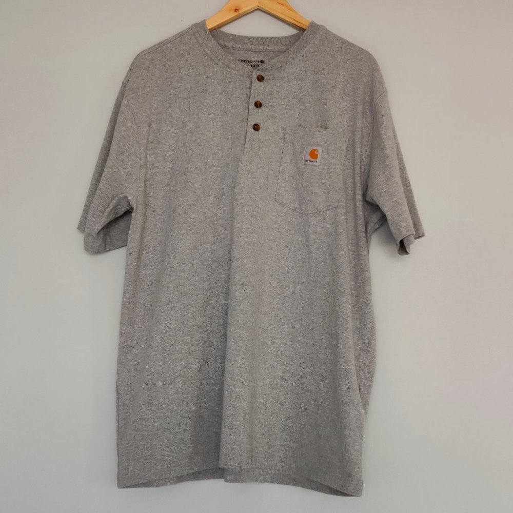 Carhartt Mens Grey Loose Fit T-Shirt with Henley Style Button Front Cotton Blend